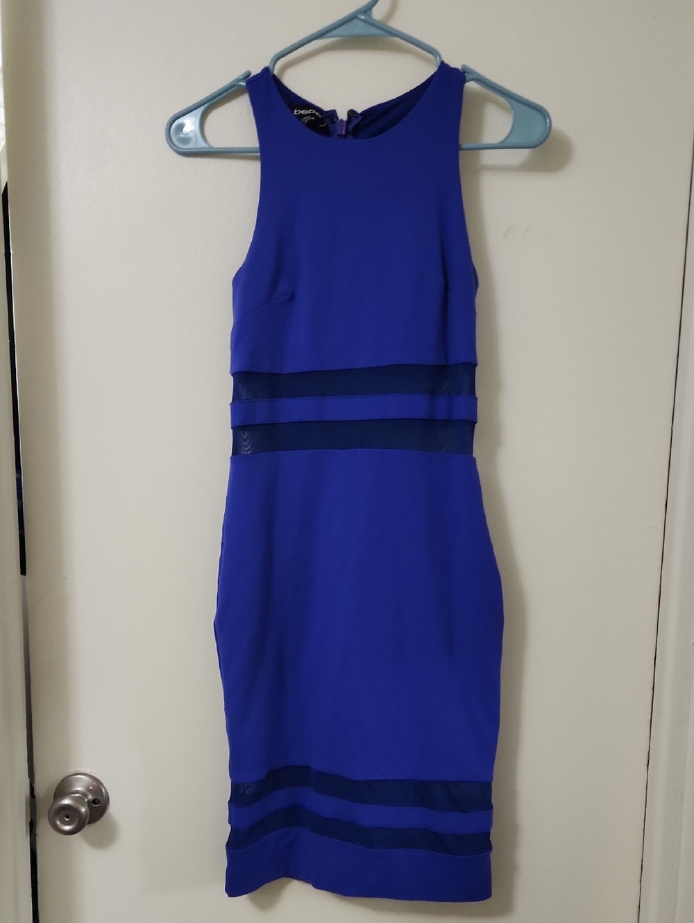 bebe Royal Blue Sleeveless Mini Dress with Sheer Stripes